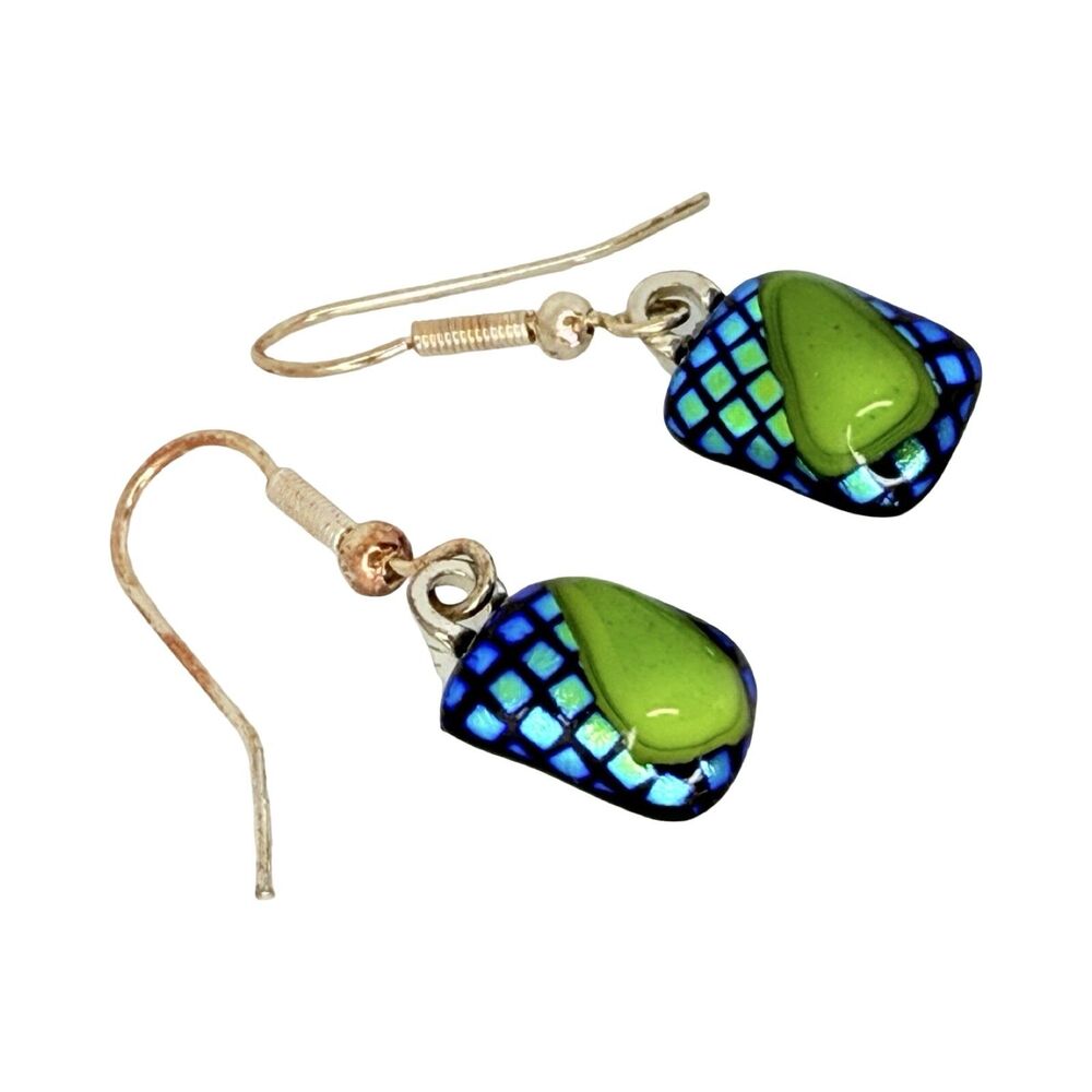 Artesian Dichroic Glass Dangle Earrings 1" Green & Blue Unique Murano Style - Picture 10 of 13
